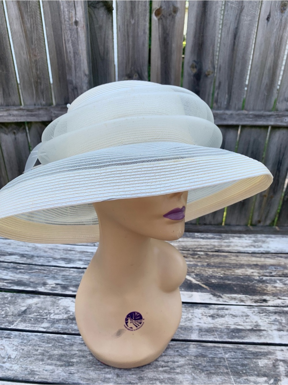 Vintage Ivory White Wide Brim Church Derby Hat Feathers Rhinestones Mesh - Picture 5 of 6